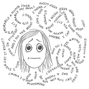 Drawing of a girl looking worried, with negative words swirling around her.