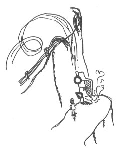 Drawing of a car swerving out of control and crashing off a cliff onto a ledge below.