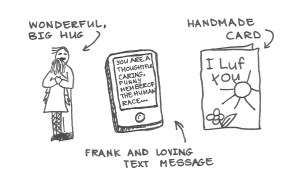 Drawing of a wonderful big hug, loving text message, and a child's handmade card.