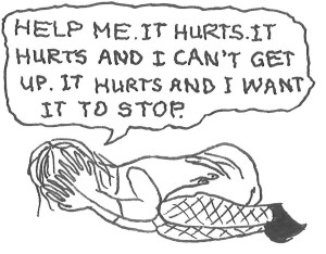 Drawing of a girl curled up in the foetal position and saying, "Help me. It hurts. It hurts and I can't get up. It hurts and I want it to stop."