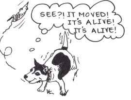 Drawing of a dog throwing a dead rat in the air and saying, "See?! It moved! It's alive! It's alive!"