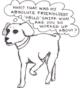 Drawing of a confused-looking dog, saying, "Huh? That was my absolute friendliest 'Hello' sniff. What are you so worked up about?"