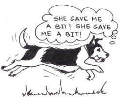 Drawing of a dog running with his tongue hanging out, and saying, "She gave me a bit! She gave me a bit!"