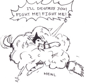 Drawing of a cat and dog wrestling viciously. The dog is saying, "I'll destroy you! Fight me! Fight me!"