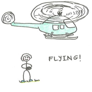 flying Drawing of a boy holding a remote control and looking up at a helicopter, with the caption: flying!