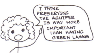 Cartoon of a curly-haired boy saying, "I think preserving the aquifer is way more important than having green lawns."