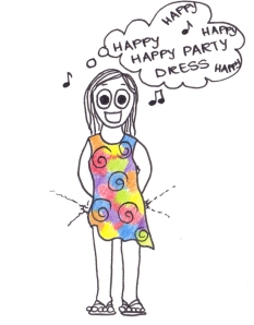Cartoon of a girl in a multicoloured dress thinking, 'Happy, happy party dress', surrounded by musical notes.