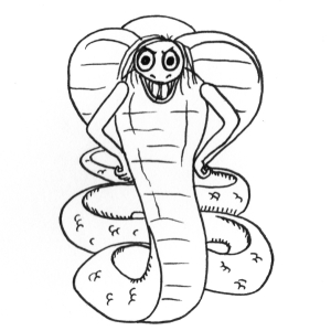 Cartoon of a cobra with human eyes and hands on its hips, poised to strike.