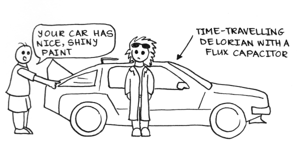 Cartoon of a man pointing at the time-travelling Delorian from Back to the Future, saying "Your car has nice, shiny paint."
