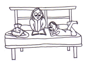 Cartoon of a woman and two children lying on a bed reading together.