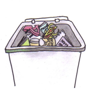 Cartoon of a garbage bin with high heels, books and cans inside.