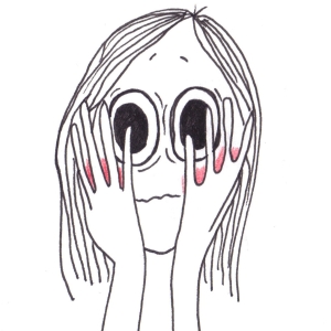 Cartoon of a girl covering her blushing red cheeks.