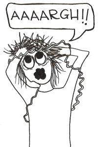 Cartoon of the same girl even more tangled up in a phone cord, grabbing at her head and screaming, "Aaaargh!"