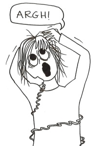 Cartoon of a girl tangled up in a phone cord, grabbing at her head and screaming, "Argh!"