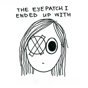 Cartoon of a girl with a big circular eyepatch taped to her face.