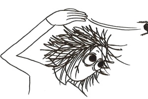 Cartoon of a girl flicking a cockroach of her head.