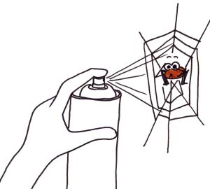 Cartoon of a spider holding its breath as it is sprayed with insect killer.