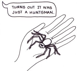 Cartoon of a girl looking down at a large, hairy spider in her palm and saying, "Turns out ir was just a hunstman".