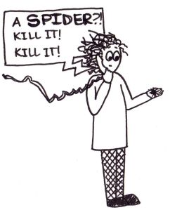 Cartoon of a girl on the phone looking down at a spider in her palm. The voice on the other end of the phone is saying, "A spider?! Kill it! Kill it!"