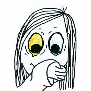 Cartoon of a girl with one two watery eyes blotting her nose on the inside of her sleeve.