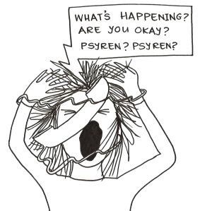 Cartoon of a girl completely tied up in the phone cord and screaming. The person on the other end of the phone is saying, "What's happened? Are you okay?"