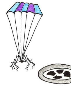 Cartoon of a spider with a parachute, landing next to a plughole.