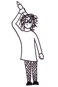 Cartoon of a girl wielding a rolling pin above her head.
