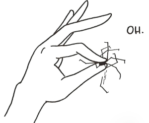 Cartoon of a spider squished between a girl's fingers, with one leg falling off.