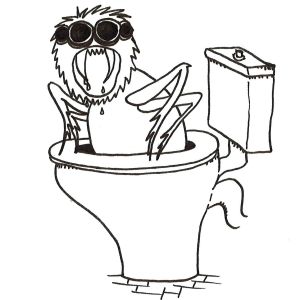 Cartoon of a ferocious spider the size of human climbing out of a toilet bowl.