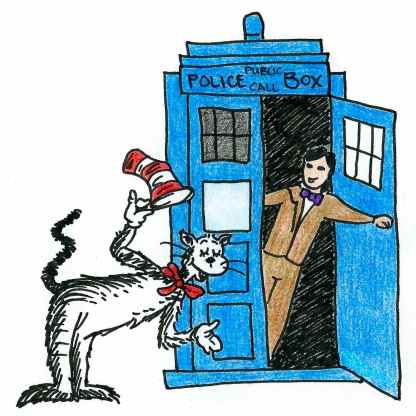 Cartoon of the eleventh Doctor Who throwing open the door of the TARDIS to greet the Cat in the Hat.