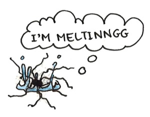 Cartoon of a spider with mangled legs in a water drop, thinking 'I'm melting.'