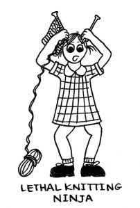 Cartoon of a little girl in school uniform with knitting needles held above her head like weapons. The caption reads, "Lethal knitting ninja".