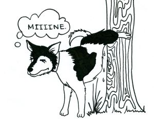 Cartoon of a dog straining to urinate a few drops on a tree and thinking, 'Miiiine.'