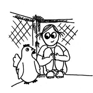 Cartoon of a little girl curled up into a tight space, looking fondly at a chicken.