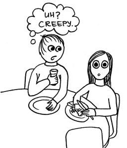 Cartoon of a girl sitting at a table with a far away look on her face. A man is sitting next to her, looking alarmed and thinking, 'Uh? Creepy.'